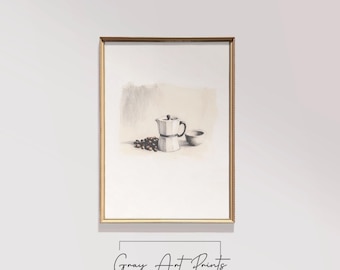 Moka Pot Sketch Art Print – Vintage Coffee Still Life (Digital Download)