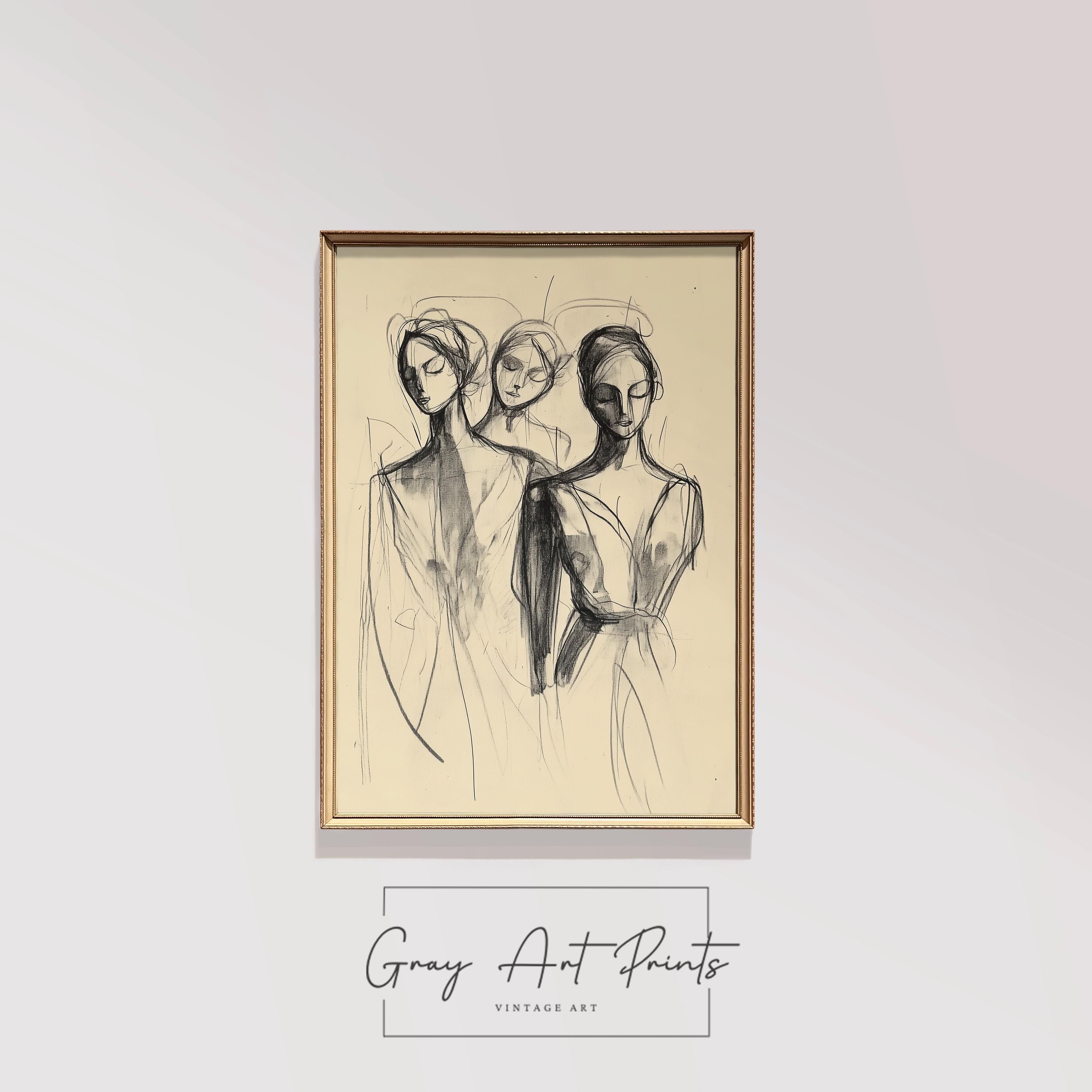 Three Women Abstract Sketch Art - Printable Figurative Charcoal Drawing, Moody Feminine Wall Art, Minimalist Ink Style Print 214