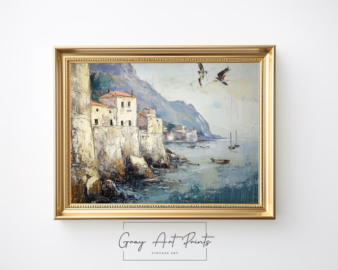 Italian Coastal Village Vintage Print – Mediterranean Seaside (digital ...