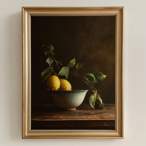 Vintage Kitchen Still Life Printable - Minimal Lemon Branch Art Print, Rustic Farmhouse Wall Decor, Cottagecore Digital Art 392