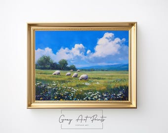 印象派の羊の絵画：素朴な農家の牧草地の風景（即時ダウンロード