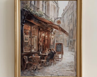 フランス　水彩画　ヴィンテージ パリのカフェ水彩画：ヴィンテージフランス建築アートプリント