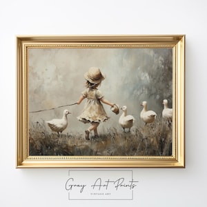 Country Girl Leading Ducks Printable Art - Vintage Farmhouse Wall Decor, Rustic Childhood Scene Painting, Cottagecore Artwork 287