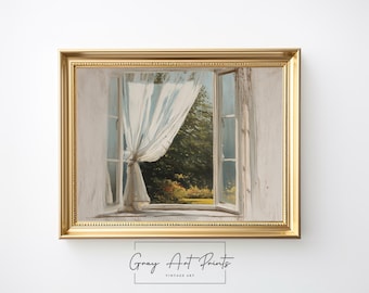 Vintage Oil Painting Print – Open Window, Cottagecore Decor (Digital Download)