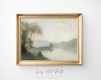 Misty River Landscape Print – Neutral Watercolor Painting (Digital Download)