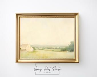 Sage Green Countryside Landscape Print – Vintage Village Wall Art (Digital Download)