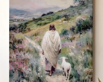 Jesus Walking with Lamb Painting – Pastoral Religious Art (Digital Download)