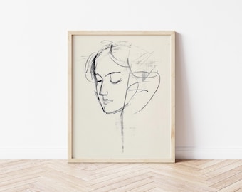 Minimalist Female Portrait Sketch - Modern Line Drawing, Black and White Wall Art, Elegant Woman Face Print, Digital Download 1880