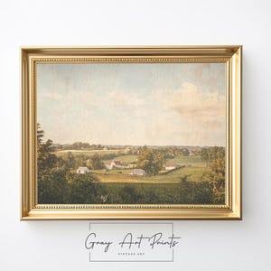 Printable Rolling Countryside Scene - Rustic Farm Landscape, Vintage Rural Wall Art, Peaceful Green Fields, Digital Download 158