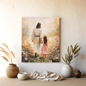 Jesus with Little Girl in Flower Field - Printable Christian Wall Art, Inspirational Decor, Watercolor Painting, Come Follow Me Scene 626