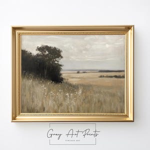 Moody Meadow Landscape Painting Printable - Rustic Cloudy Sky Scene, Earthy Countryside Decor, Cottagecore Field Art, Digital Download 333