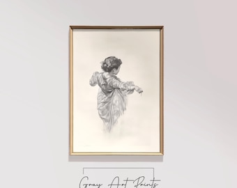 Vintage Woman Charcoal Drawing – Romantic Portrait Art (Digital Download)