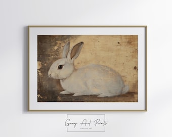 May include: A white rabbit with long ears sits on a textured, beige background. The rabbit's fur is soft and fluffy, and its eyes are dark and alert. The background is a vintage-style painting with a faded, textured look.