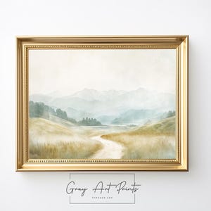 Printable Misty Mountain Valley Art - Winding Path into Fog, Soft Earthy Landscape, Rustic Nature Decor, Digital Art Print 119