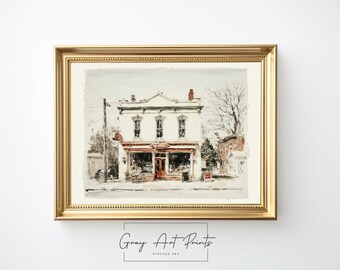 Vintage Watercolor Coffee Shop Print - Retro Urban Scene (Digital Download)