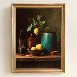 Printable Vintage Lemon Still Life - Rustic Kitchen Decor, Country Fruit Print, Cottagecore Wall Art, Earthy Botanical Scene 388