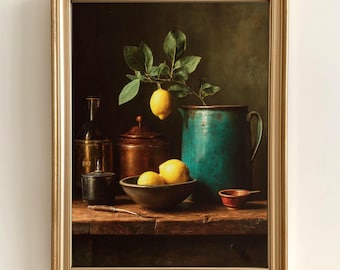 May include: A still life painting of lemons, a copper pot, a glass bottle, and a blue pitcher on a wooden table. The lemons are arranged in a bowl and on a branch with green leaves.