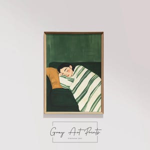 Sleeping Girl on Green Couch Printable - Cozy Modern Wall Art, Minimalist Blanket Illustration, Serene Home Decor Artwork 209