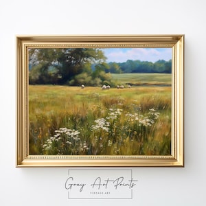 Open Meadow Wildflowers Oil Painting - Printable Landscape Art, Rustic Summer Scene, Cottagecore Wall Decor, Tranquil Country Print 23