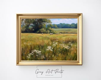 Peut inclure: Peinture de paysage encadrée représentant une prairie ensoleillée avec des fleurs sauvages et des moutons broutant au loin. L'œuvre d'art présente un cadre doré et une scène pastorale sereine avec un ciel bleu et des arbres verts. Le texte "Gray Art Prints" est en bas.