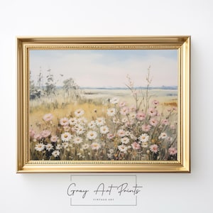 Prado de flores silvestres com margaridas Arte para impressão - Pintura de paisagem de primavera, decoração de campo floral Cottagecore, arte de parede digital rústica 295
