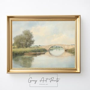 Druckbare rustikale Stein Brücke über Wasser - Ruhige Landschaft Fluss Szene, Cottagecore Vintage Wandkunst, digitaler Download 154