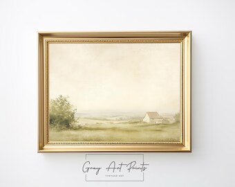 Rustic Village Landscape Print – Sage Green Countryside (Digital Art Print)