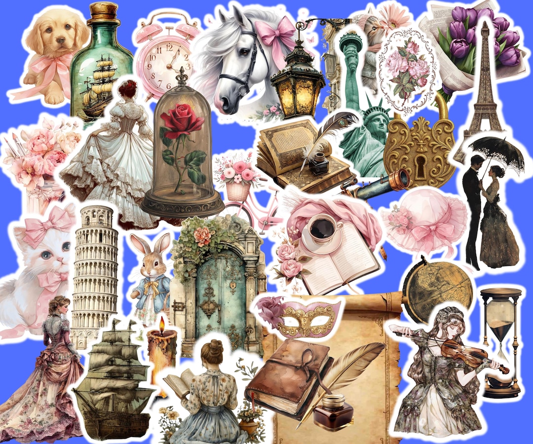 51 Cute Vintage Romantic Aesthetic Stickers – Fairytale, Travel, Books ...