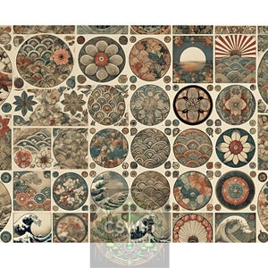 May include: A decorative panel featuring a collage of circular and rectangular designs with floral, wave, and sunrise motifs. The color palette includes shades of beige, brown, red, and blue, creating a vintage aesthetic. The artwork is reminiscent of Japanese art.