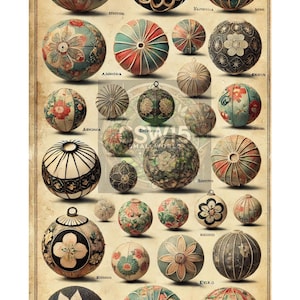 Puede incluir: Una colección de esferas decorativas con varios diseños y patrones. Las esferas presentan motivos florales, geométricos y abstractos en colores como azul, rojo y crema. Algunas tienen lazos para colgar, y la estética general es vintage.