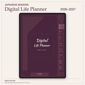 May include: A digital life planner displayed on a tablet screen with a dark purple background and geometric patterns. The text reads Japanese Modern Digital Life Planner 2026-2027, Digital Life Planner 2026.09-2027.12, and Start Here. It features a side index tab menu.
