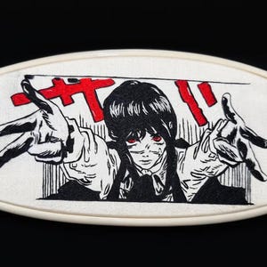 War Devil Girl Embroidery – Black & Red Anime Inspired Hoop Art – Handmade Fan Piece