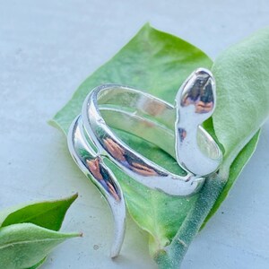 May include: A silver-colored snake ring with a coiled design. The ring is resting on a green leaf, showcasing the ring's polished surface and the snake's head detail. A unique piece of jewelry.