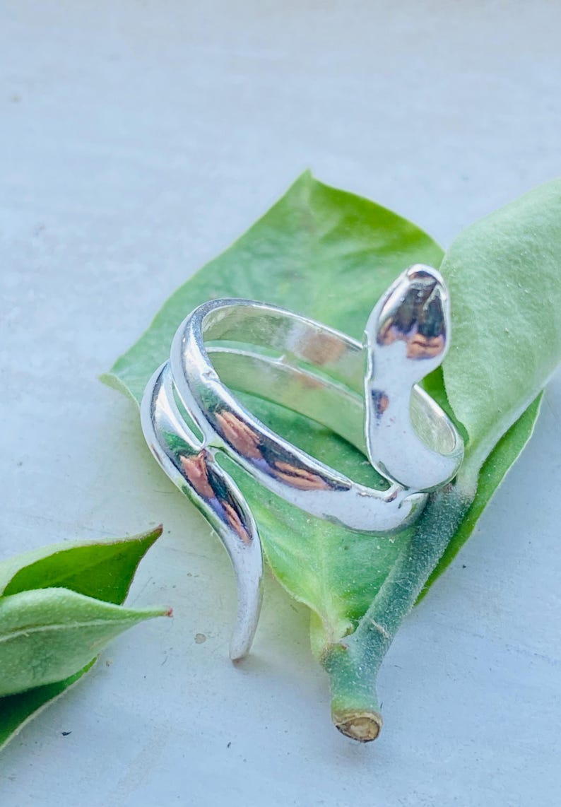 May include: A silver-colored snake ring with a coiled design. The ring is resting on a green leaf, showcasing the ring's polished surface and the snake's head detail. A unique piece of jewelry.