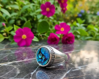 Sterling Silver Abalone Ring – Handmade Boho Greek Key Statement Jewelry