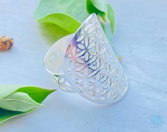 Sterling Silver Flower of Life Ring – Wide Band Sacred Geometry Jewelry, Boho Statement Ring