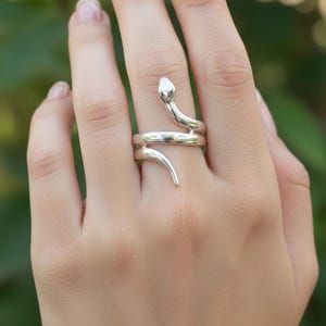 May include: A silver-colored ring in the shape of a snake, with the snake's head and tail curving around the finger. The ring is worn on a hand, with a blurred green background.