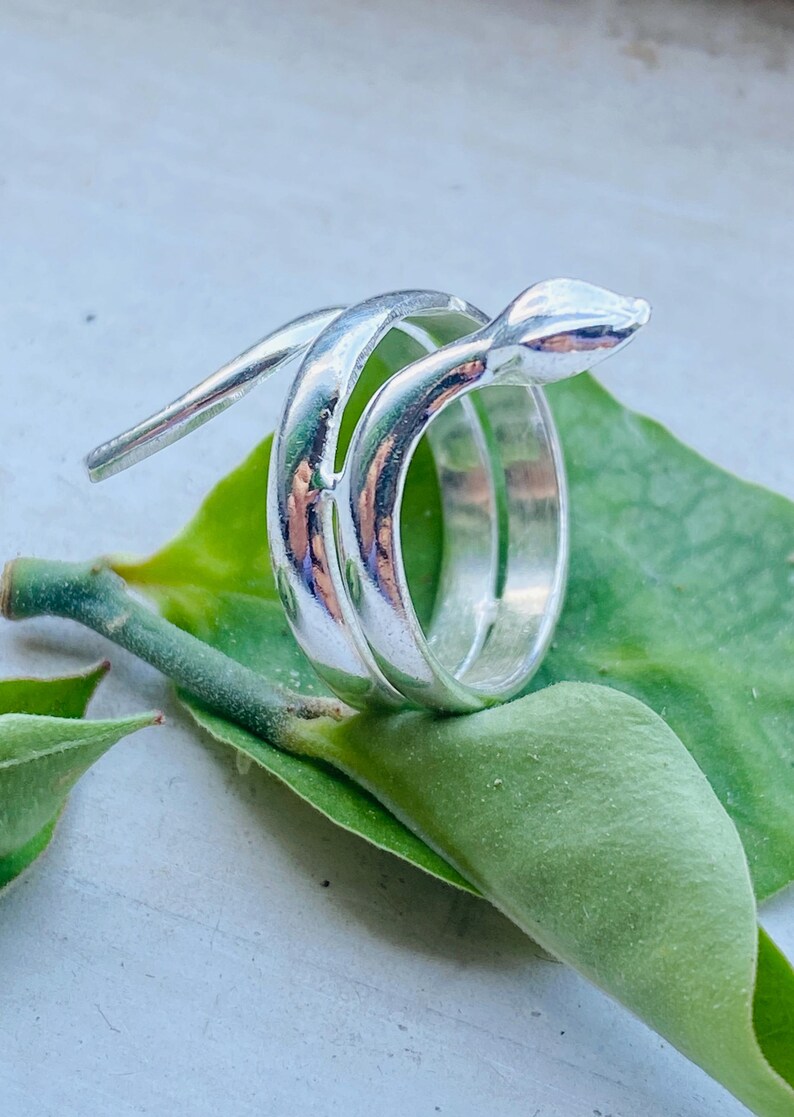 May include: A silver-colored ring with a snake design. The ring wraps around the finger with a smooth, polished finish. The snake's head is at the top, and the ring is resting on a green leaf.