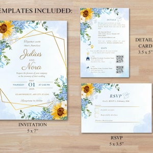 Convite de casamento rústico, boho, clássico, elegante, azul-poeira, girassol, azul e amarelo, cartão de detalhes e modelos de RSVP