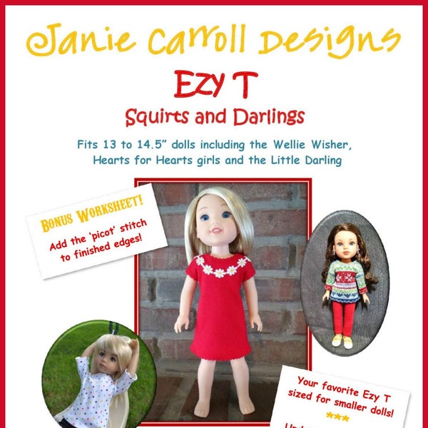 Ezy T Squirts and Darlings  t-shirt pattern for 13 to 14.5" dolls such as the Wellington boot girl, H4H, Little Darling and Les Cheries