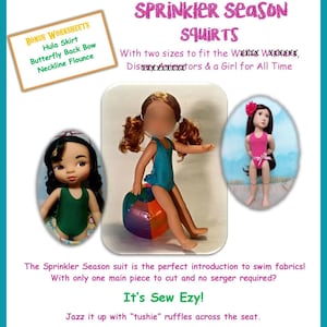 May include: Two dolls wearing swimsuits, one in green and one in pink, with a beach ball. The text on the image reads "Sprinkler Season Squirts" and "It's Sew Ezy!"