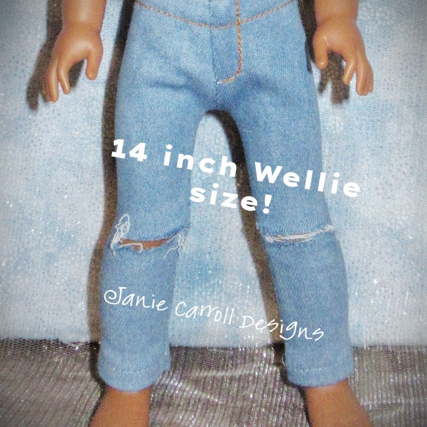 Value! Destructed denim skinny jeans handmade to fit 14 to 15" doll such as the Wellington boot doll