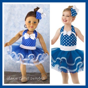 May include: A blue and white polka dot dress with a white bow and a blue tulle skirt. The dress is worn by a doll and a young girl.