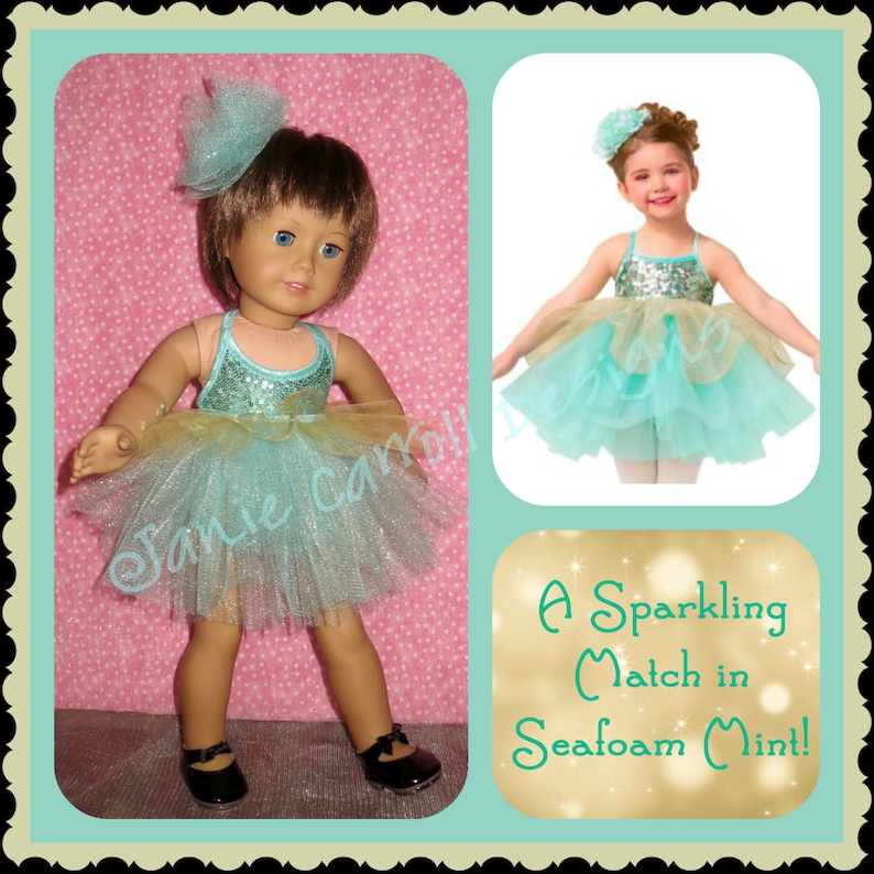 May include: Two dolls wearing matching seafoam green and gold tulle tutus with sequined bodices. The text "A Sparkling Match in Seafoam Mint!" is displayed below the dolls.
