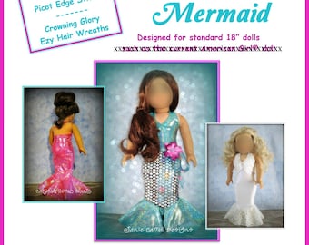May include: A digital pattern for a mermaid doll dress. The pattern is designed for 18-inch dolls and features a halter style, form-fitting gown with a fluke-fin or hem-flare. The pattern includes instructions for making a mermaid tail, and the text "Starlet Mermaid" is visible in the image.