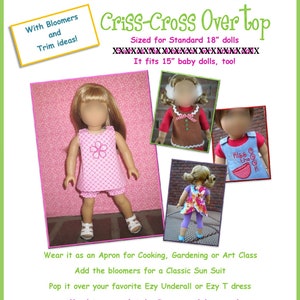 Puede incluir: Un top cruzado de cuadros rosa y blanco para muñecas de 45 cm. El top es reversible y se puede usar como delantal, traje de baño o sobre un vestido. También le queda a las muñecas de 38 cm. "Janie Carroll Designs" y "Criss-Cross Over Top" están escritos en texto rosa y blanco.