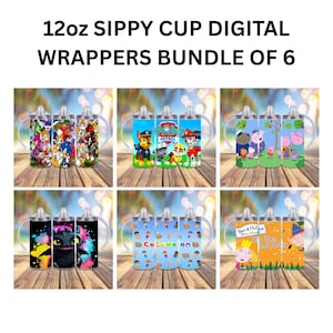 Sippy Cup Digital Wrappers, 12oz Sublimation Designs, Cartoon Digital Bundle, Instant Download, PNG, Digital Download, Child, Kid.