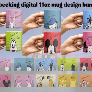 10 Peeking Cartoon Mug Design Bundle. 11oz Mug Sublimation Pack. PNG Mug Wraps., Digital designs, Mug Images, Mickey, Goofy.