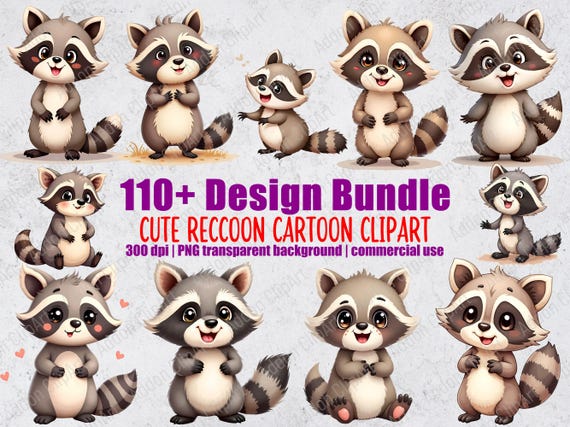Cute Raccoon Clipart Illustration Cartoon PNG Bundle Printable Nursery Animal Digital Download Image Pack Commercial Use C045