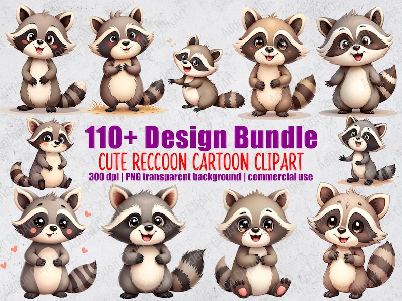 May include: A selection of cartoon raccoon clipart images in different poses. The raccoons have grey and brown fur, black masks, and striped tails. Text reads "110+ Design Bundle CUTE RECCOON CARTOON CLIPART".